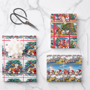 Country Christmas Kids Horses Calf and Sheep Wrapping Paper Sheet