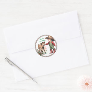  Country Christmas Little Cowgirl Calf Christmas Classic Round Sticker