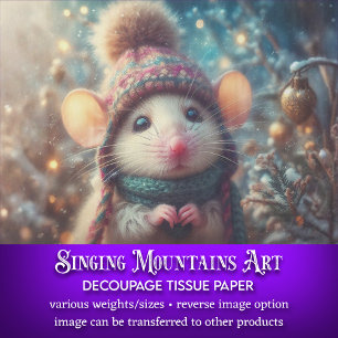Country Christmas Mouse In Knit Hat Decoupage Tissue Paper