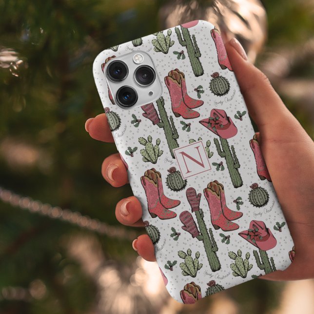 Country Christmas Red and Green Case-Mate iPhone Case ("Howdy Christmas" Country Christmas Cowgirl Boots, Hats, Mittens & Cactus. Hand-Drawn in Black Ink.)