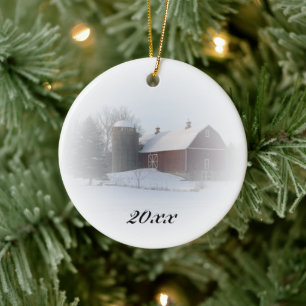 Country Christmas Red Barn Dated Ceramic Tree Decoration