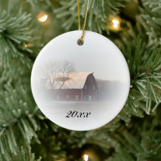 Country Christmas Red Barn Dated Ceramic Tree Decoration