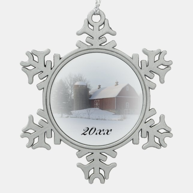 Country Christmas Red Barn Dated Snowflake Pewter Christmas Ornament (Front)