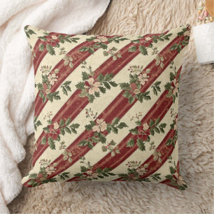Country Christmas Red Berry Floral Green Stripe Cushion