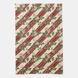 Country Christmas Red Berry Floral Green Stripe Tea Towel