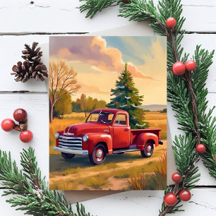 Country Christmas Red Truck Christmas Tree Holiday Postcard