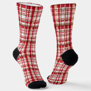 Country Christmas red white beige tattersall plaid Socks