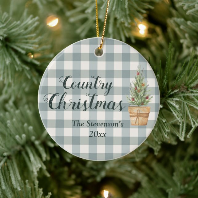 “Country Christmas” Script Name Green Plaid Ceramic Tree Decoration (Tree)