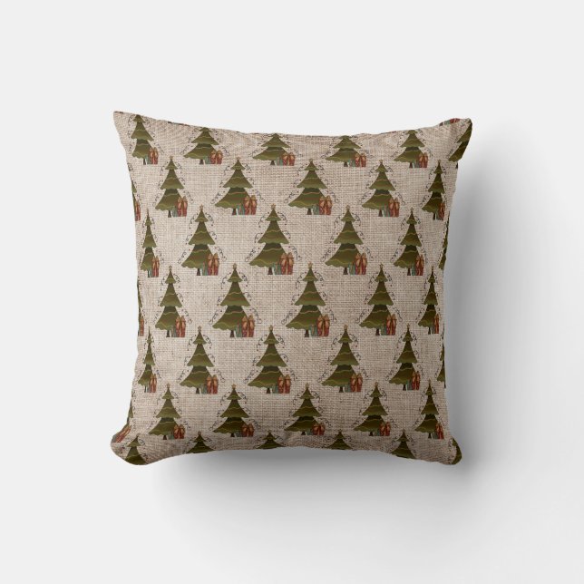 Country Christmas Tree And Gifts - Linen Look Cushion (Front)