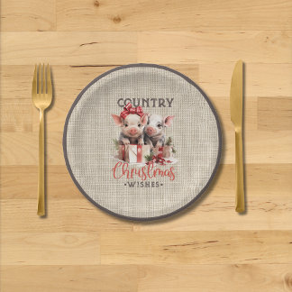 Country Christmas Wishes with Two Piglets Paper Plate