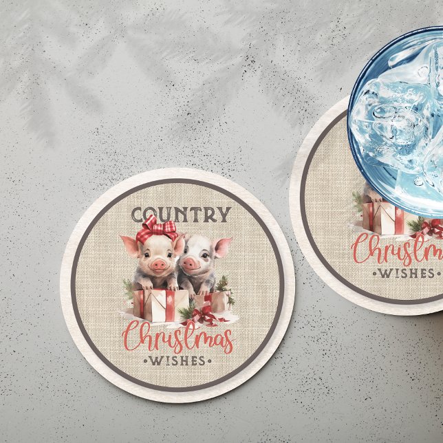 Country Christmas Wishes with Two Piglets Round Paper Coaster (Creator Uploaded)