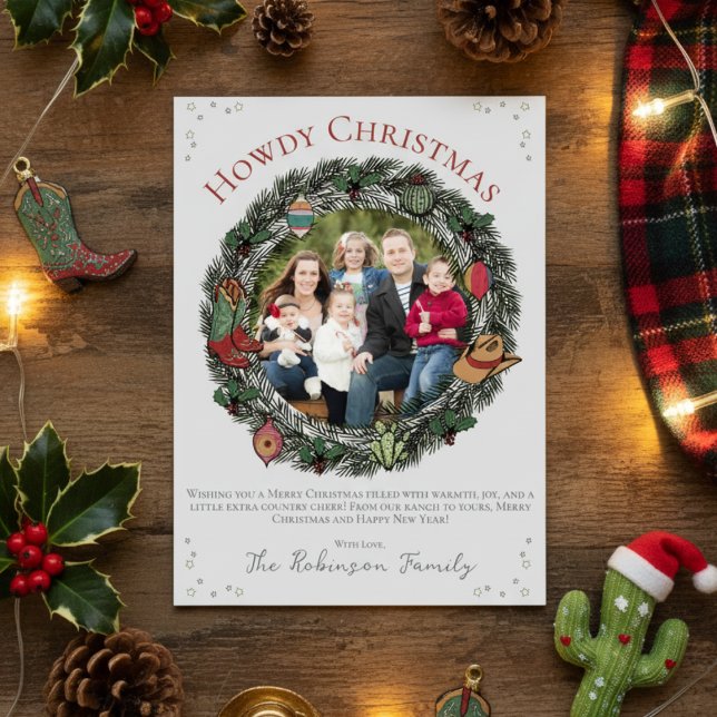 Country Christmas Wreath Family Photo Holiday Card (Festive Western Christmas Holiday Card with Family Photo. Pine Wreath, Cowboy Boots, Hat, Ornaments)