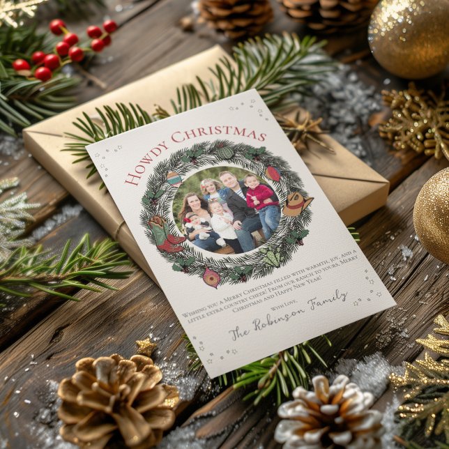Country Christmas Wreath Family Photo Holiday Card (Country Christmas Card Featuring Hand-Drawn Wreath, Vintage Ornaments, Cowboy Boots, Hat and Holly.)