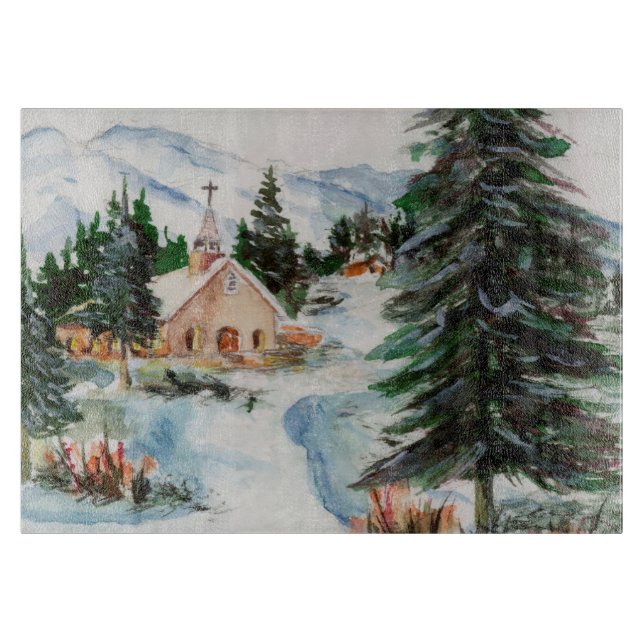 Country Church in Winter Watercolor Mountain Scene Cutting Board (Front)