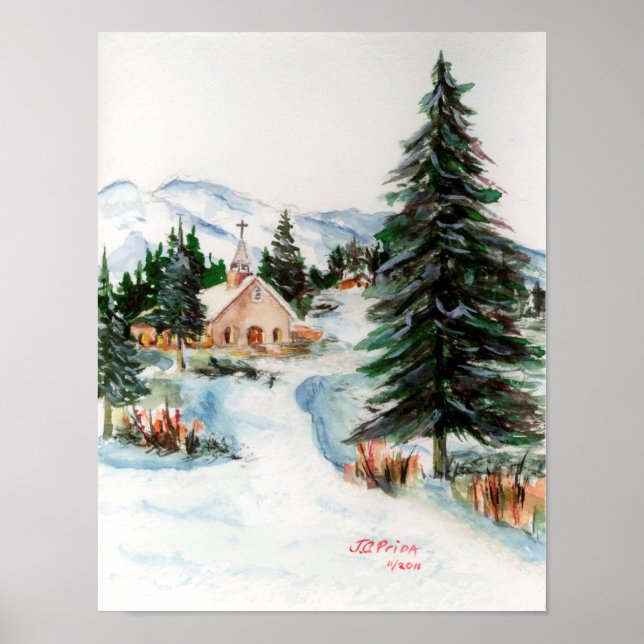 Country Church in Winter Watercolor Mountain Scene Poster (Front)