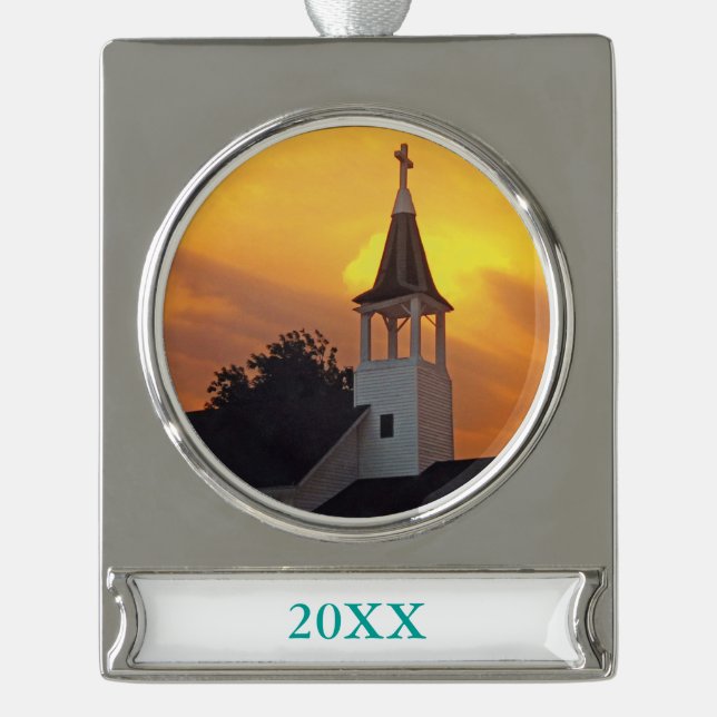 Country Church Silver Plated Banner Ornament (Front)