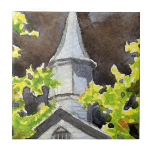 Country church steeple with dark storm behind tile
