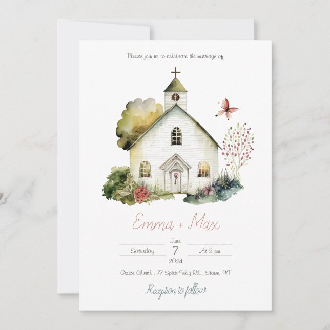 Country Church Watercolor Wedding Invitation (Front)