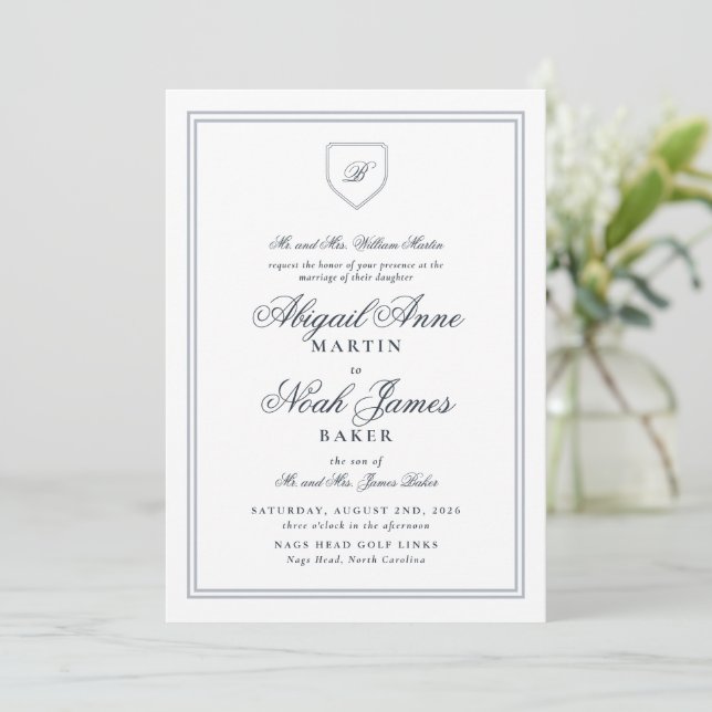 Country Club Formal Elegant Blue Striped Wedding  Invitation (Standing Front)
