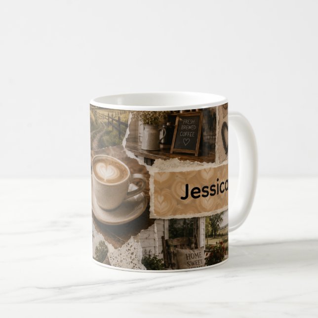 Country Coffee Scene Scrapbook Collage Custom Name Mug (Front Right)