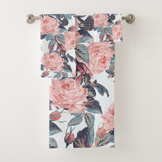  Country Coral Rose Floral Towel Set (Insitu)