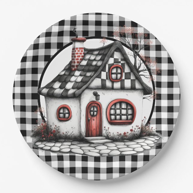 Country Cottage In Black And White  Paper Plate (Front)
