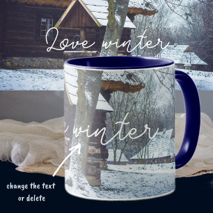 Country cottage in the snow mug