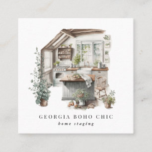Country Cottage Kitchen Home Staging Interior Square Business Card
