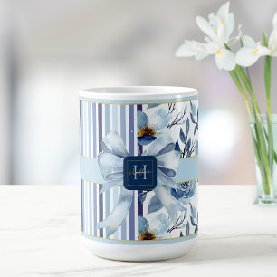 Country Cottage Monogram Blue White Floral Bow Coffee Mug