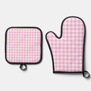 Country Cottage Pink Plaid Kitchen Oven Mitt & Pot Holder Set