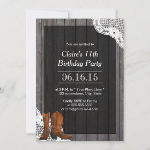 Country Cowboy Boots Lace & Wood Birthday Party Invitation