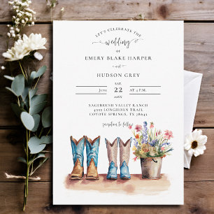 Country Cowboy Boots Wildflowers Rustic Wedding Invitation