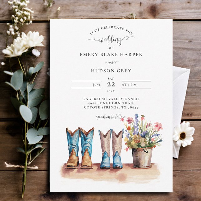 Country Cowboy Boots Wildflowers Rustic Wedding Invitation (country wedding invitation rustic western barn chic modern watercolor cowboy boots wildflowers)