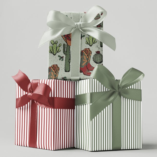 Country Cowboy Howdy Christmas Wrapping Paper Sheet (Western Howdy Christmas Designs. Hand Drawn Cowboy Boots, Cactus, Holly, Red Stripes, Green Stripes)