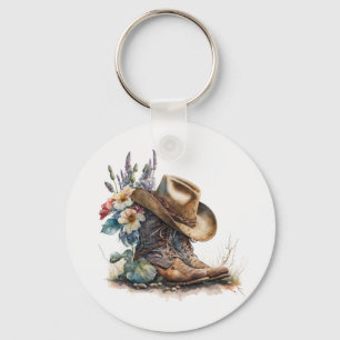 Country Cowgirl Boots Flower Hat Texas Key Ring