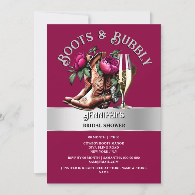 Country cowgirl boots magental floral bubbly glam invitation (Front)