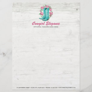 Country Cowgirl Boots & Shabby Roses Rustic Wood Customised Letterhead