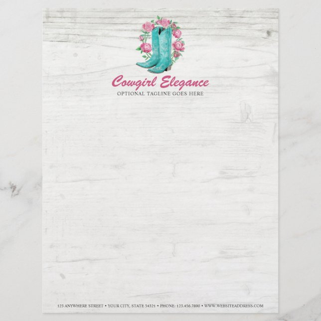 Country Cowgirl Boots & Shabby Roses Rustic Wood Customised Letterhead (Front)
