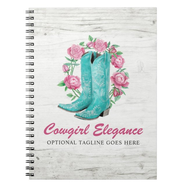 Country Cowgirl Boots & Shabby Roses Rustic Wood Spiral Notebook (Front)
