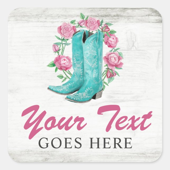 Country Cowgirl Boots & Shabby Roses Rustic Wood Square Sticker (Front)