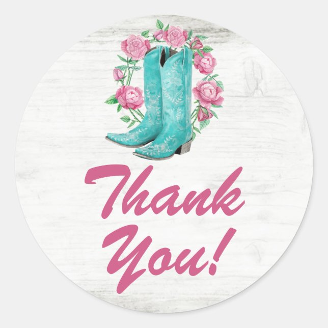 Country Cowgirl Boots Shabby Roses Wood Thank You Classic Round Sticker (Front)