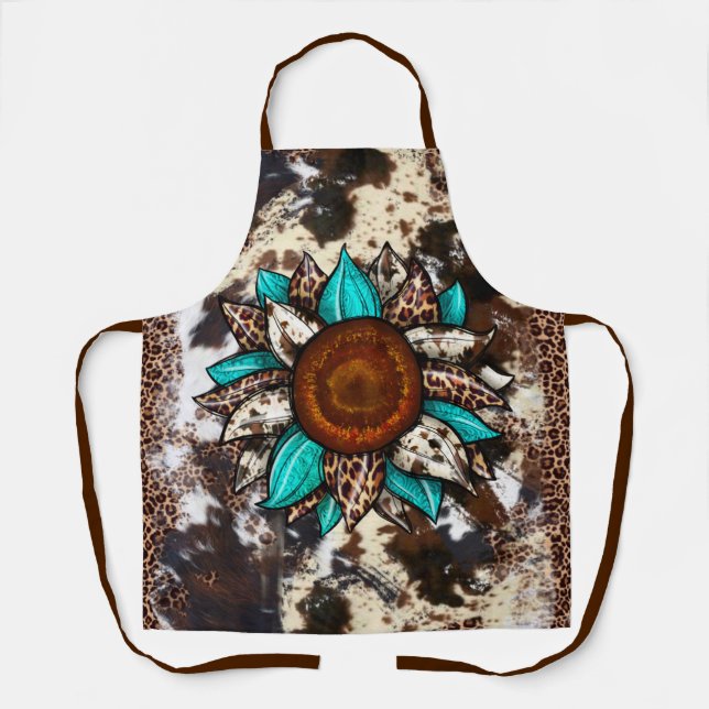 Country Cowhide and Leopard Print Turquoise Flower Apron (Front)