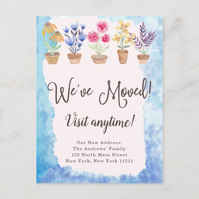 Country Cute Watercolor Potted Plants New Address Announcement Postcard (Front)