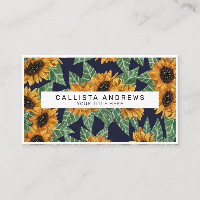 Country Cute Yellow Navy Sunflowers Watercolor Business Card (Front)