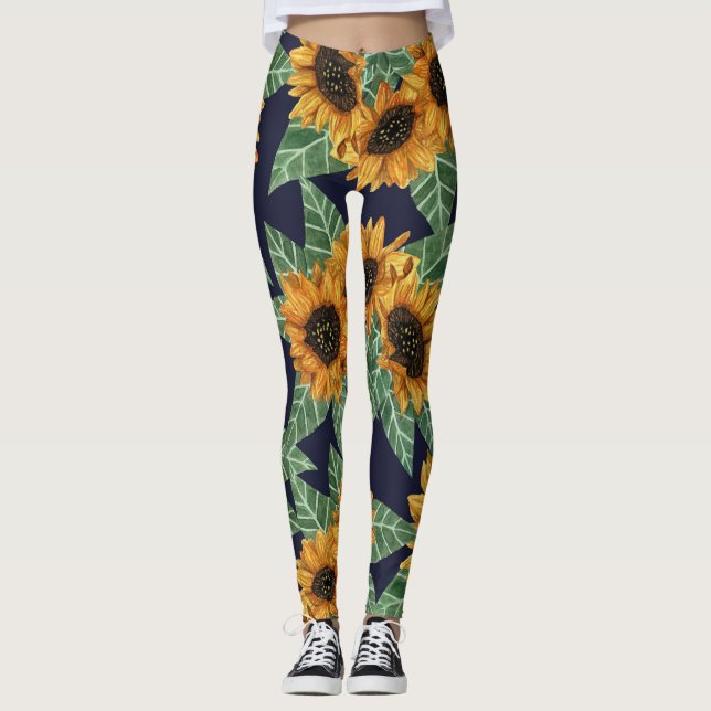 Country Cute Yellow Navy Sunflowers Watercolor Leggings (Front)