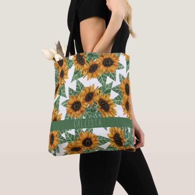 Country Cute Yellow Sunflowers Watercolor Monogram Tote Bag (Close Up)
