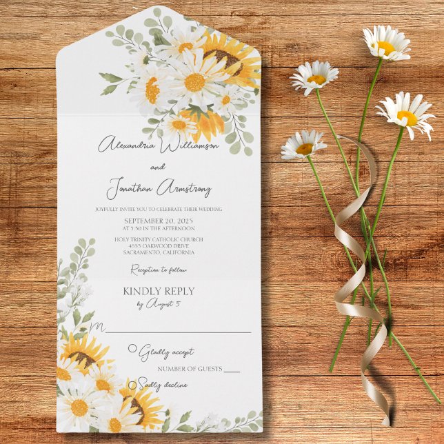 Country Daisies and Sunflowers All In One Invitation (Also available with QR code)