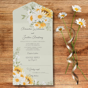 Country Daisies and Sunflowers on Green All In One Invitation