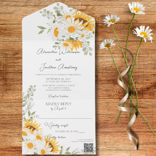 Country Daisies and Sunflowers on White QR Code All In One Invitation