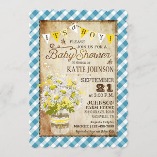 Country Daisies Gingham Check Boy Baby Shower Invitation